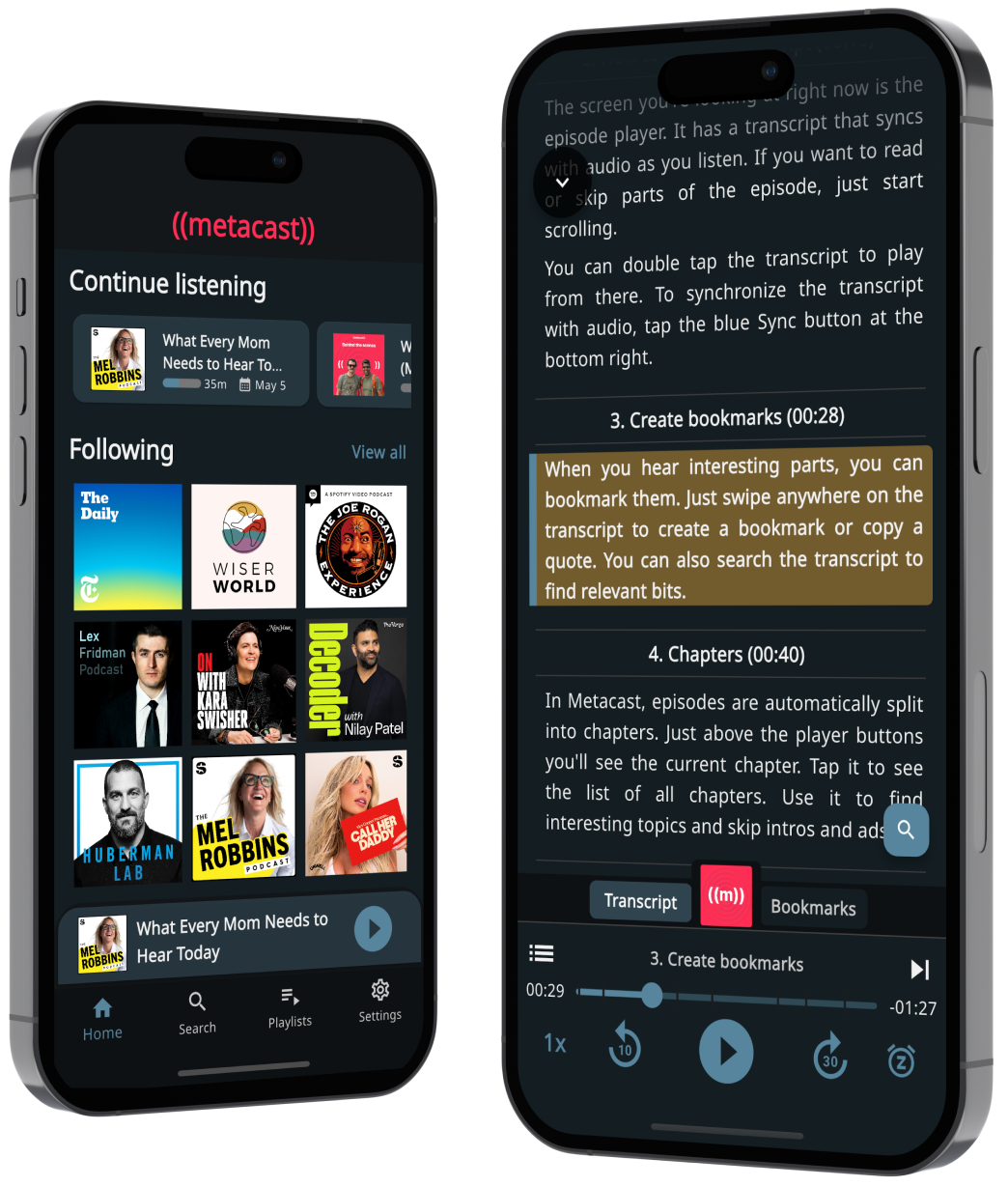 Metacast app home and transcript screens